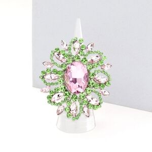 Pink Green Oval Cluster Leaf Stretch Statement Rhinestone Crystal Ring Finger